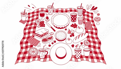 Picnic spread illustration with fresh fruits, baked goods, sandwiches, and drinks on a red and white checkered blanket, ideal for outdoor enjoyment.