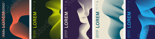 Set of modern abstract posters with flowing wavy line shapes, bold typography, and vibrant color palettes. Minimal geometric cover templates for banners, presentations, and editorial design.