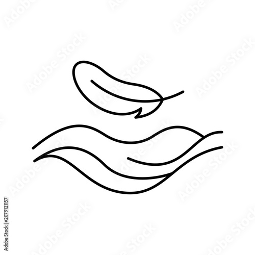 Obraz na plátně Minimalist contour icon of a weightless feather floating over a soft lightweight material or fabric wave, symbolizing gentleness, comfort and breathability