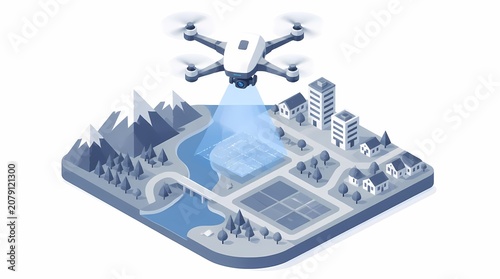 Drone flying over isometric smart city, mapping urban landscape with buildings, houses, mountains, and river. Concept for infrastructure planning technology.