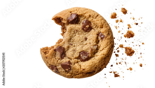 Tableau sur toile Isolated delicious chocolate chip cookie with a bite taken out and crumbs explod