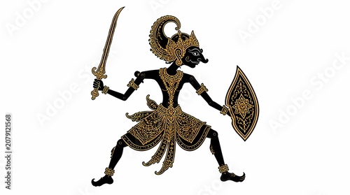 Wayang Kulit shadow puppet, Indonesian mythical warrior, ornate golden sword, decorative shield, intricate cultural patterns, isolated on white.