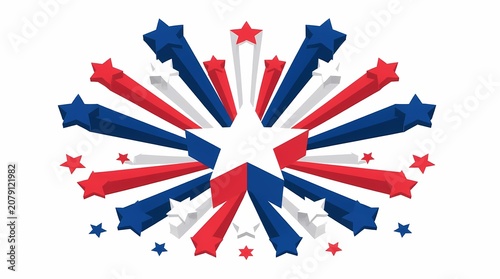 Patriotic 3D stars bursting outwards in a dynamic red, white, and blue explosion, perfect for national holiday banners, celebration backgrounds, and festive event designs.