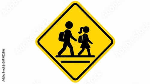 School zone warning sign featuring an adult and child pedestrian with backpacks crossing. Yellow diamond traffic symbol for road safety.