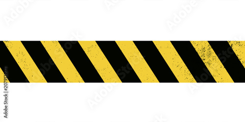 Warning tape with yellow and black diagonal stripes. Warn stop seamless line. Yellow and black caution tape border eps 10