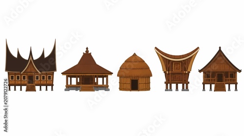 Traditional Indonesian houses collection showcasing diverse ethnic architecture with distinctive roofs and elevated wooden structures, representing Southeast Asian cultural heritage.