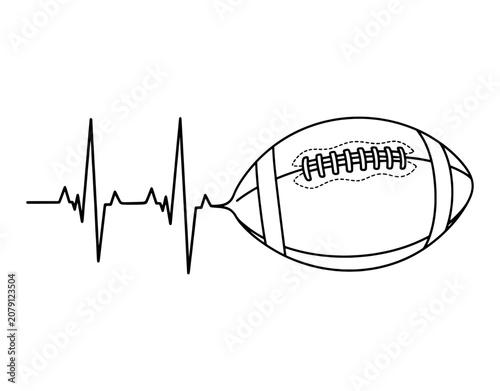 American football ball with ECG heartbeat line outline vector illustration