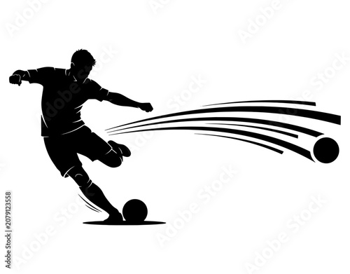 Soccer player kicking ball silhouette with dynamic speed motion lines vector illustration