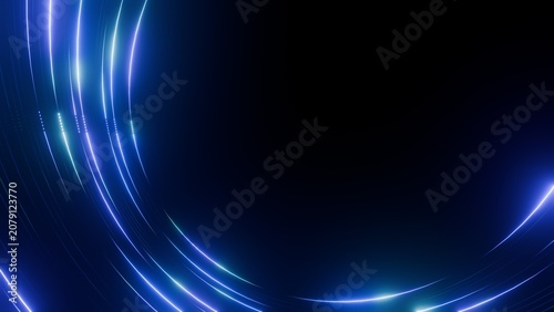 ネオンが輝くサイバー空間の黒背景、青と水色の光の軌跡と曲線コピースペース