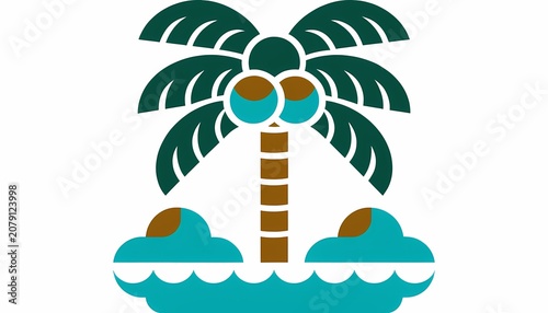 Stylized palm tree icon with coconuts standing on a small tropical island surrounded by blue ocean waves, symbolizing summer travel, beach vacation, and paradise destinations.