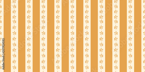 Seamless Floral Stripe Pattern with Botanical Vines Vintage Elegant Background in Beige and Orange