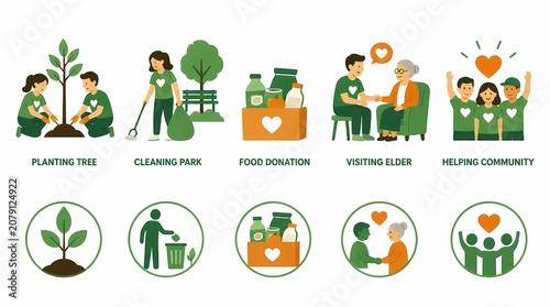 Community volunteers performing social responsibility: tree planting, park cleaning, food donation, elder care, and helping. Flat vector illustrations.