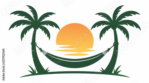 Tropical island sunset vector illustration with two palm trees, a relaxing hammock, and a vibrant orange sun reflecting on water, representing summer vacation.
