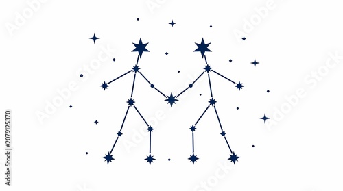 Gemini zodiac constellation graphic illustration of celestial twins formed by dark blue stars connected on a minimalist white background, representing astrology and cosmic symbols.