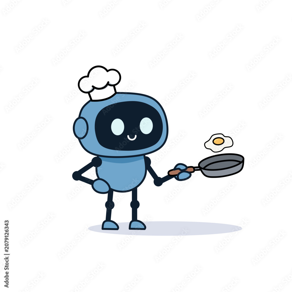 Obraz premium Chef robot cooking a fried egg illustration