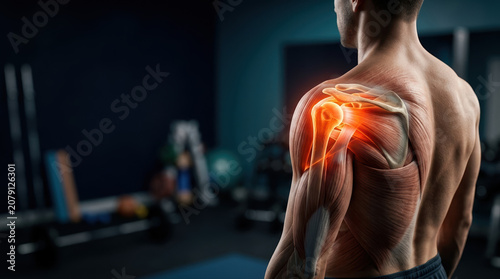 Detailed anatomical view of human shoulder muscles highlighting joint structure and functionality in a fitness setting