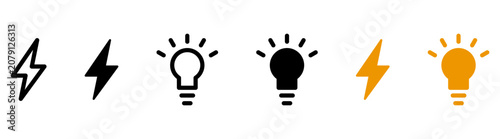 Tableau sur toile Energy and idea icon set with lightning bolt and light bulb icons symbols in outline, filled, and orange styles