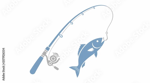 Fishing rod with a blue fish caught on the hook, a vector illustration of successful angling and outdoor sport. Essential equipment for leisure hobbies. Isolated graphic on clean white background.