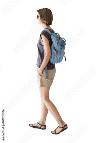Full length portrait of a young woman walking isolated transparent PNG, student girl full body photo PNG with transparent background precisely cut out with clipping path.