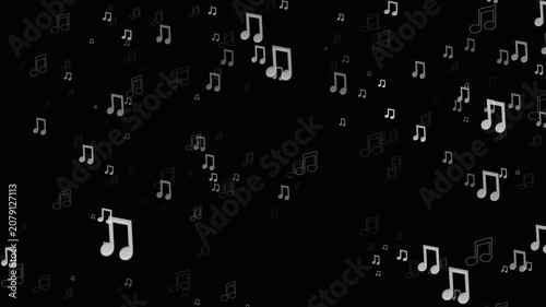 Looping white music note particles drift smoothly over a black background with alpha channel, perfect for music themed motion graphics and overlays.