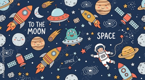 A whimsical seamless children's space pattern with doodle illustrations of rockets, astronauts, cute aliens, smiling planets, satellites, and stars over a dark blue background.