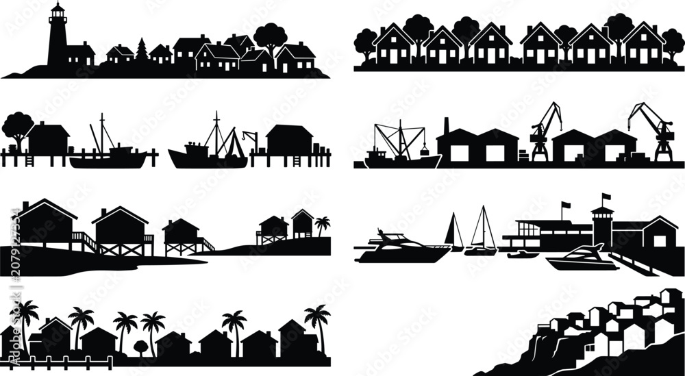Obraz premium Coastal Silhouette Scenes Collection Featuring Lighthouse Marina Docks Fishing Boats and Waterfront Houses