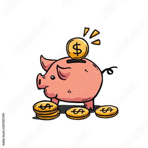 Hand-drawn doodle illustration of a piggy bank surrounded by gold coins, symbolizing savings, budgeting, financial planning, and wealth accumulation. Cute cartoon-style vector isolated.