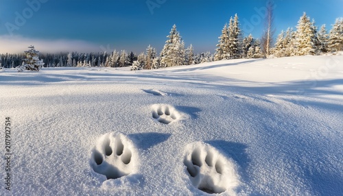 dog paw prints in fresh newly fallen snow