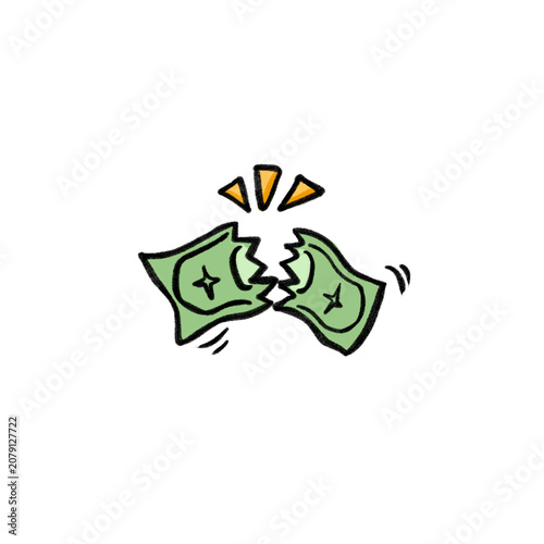 Hand-drawn doodle illustration of torn paper money representing financial loss, debt, bankruptcy, budget cuts, and economic hardship. Simple cartoon-style vector icon isolated on a white background.