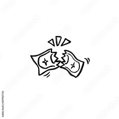 Black and white hand-drawn doodle illustration of torn money symbolizing financial loss, debt, bankruptcy, budget reduction, and economic hardship. Minimal vector icon isolated on a white background.