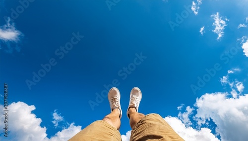 subject standing at the bottom of the image looking up at a vibrant blue sky with fluffy white clouds on a sunny summer day copy space at the top for text or graphics