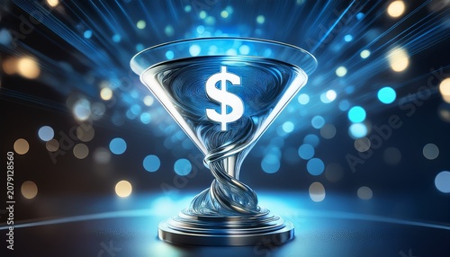 silver dollar sign glass funnel financial sales conversion concept blue glowing light spiral vertical digital marketing strategy future wealth profit revenue stream abstract bokeh background