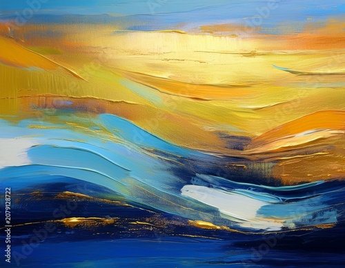 abstract impressionist landscape with blue and gold horizontal brush strokes