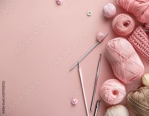 crochet yarn and supplies small side border pale pink texture top view background minimalist empty copy space