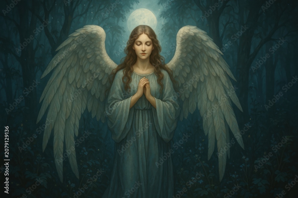 Obraz premium Serene angel in moonlit forest