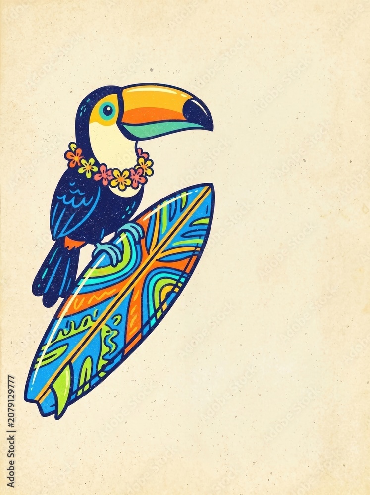 Fototapeta premium retro illustration of cute toucan bird wearing flower lei perched on colorful surfboard. tropical summer and summertime surfing concept. greeting card, invitation, poster design with copyspace.