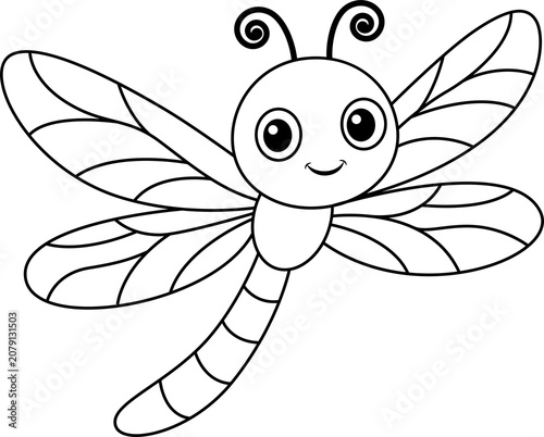 Dragonfly, line drawing, suitable for coloring, educational material.
