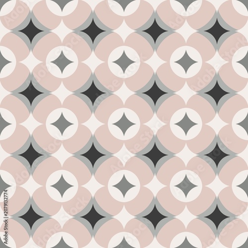 ​Retro geometric seamless pattern with abstract circles and stars in pastel pink and grey colors.