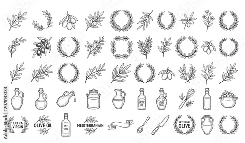Foto Olive oil and mediterranean food illustrations