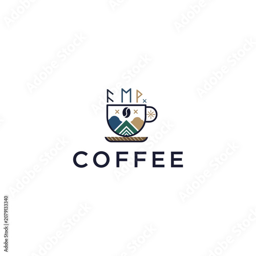 Coffee cup logo with mountain landscape