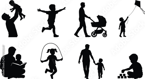 Silhouette icons of family bonding and childhood activities with adults and children together