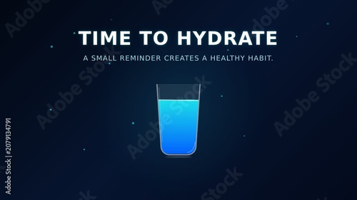 Water droplet falling into empty glass and filling with blue liquid. Animated motion graphics video with fluid gradients and soft glow. Health reminder for hydration awareness and wellness content