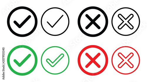 Multiple checkmark and cross sign vector icons presented in bold black, green, and red colors
