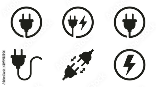 Minimalist black and white vector icons depicting electric plugs and lightning bolts for modern energy design