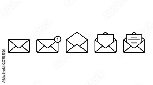 Five black line art envelope icons displayed in a simple horizontal row