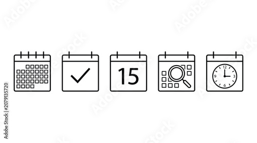 Simple black line art calendar icons set displaying various date scheduling and time management symbols