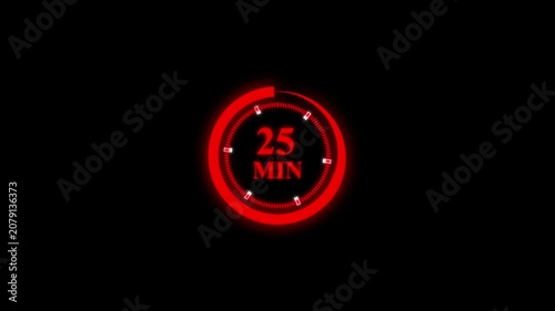 Glowing circular countdown interface 25 minute timer on black background.
