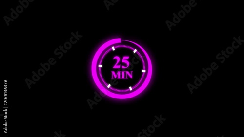 Glowing circular countdown interface 25 minute timer on black background.
