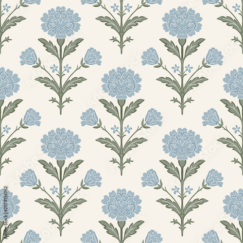 Canvastavla Elegant Indian Chintz Floral Block Print Seamless Pattern with Blue Carnation Fl