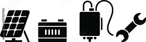 Solar Energy System Silhouette Set Featuring Solar Panel, Battery, Inverter, and Wrench for Renewable Power Installation